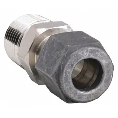 This PARKER single-ferrule stainless steel fitting connects 1/2 in OD tubing to a 1/2 in male NPT threaded port. It features a Compression x MNPT configuration and is part of the CPI series. Commonly used in instrumentation and process control systems.