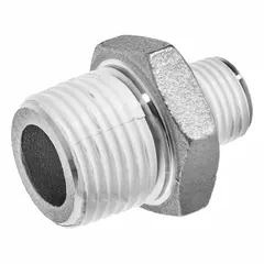 This low-pressure threaded pipe fitting connects two male NPT threaded pipes in a straight line, reducing from 1 in to 1/2 in. It is used in plumbing, pneumatic, and hydraulic systems where a leak-resistant joint with thread sealant is required at pressures up to 150 psi.