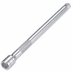 This 10-inch flex and wobble hand socket extension features a 1/2-inch input and output drive size. Its chrome construction allows the extension to bend and pivot, enabling access to fasteners in tight or offset spaces where a straight extension cannot align. Suitable for use with standard 1/2-inch drive sockets in automotive and maintenance applications.
