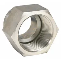 This threaded pipe fitting is a straight connector with male and female NPT threads, designed for high-pressure fluid systems up to 2,500 psi. Constructed from carbon steel, it is suitable for connecting pipes in hydraulic, pneumatic, and other industrial fluid handling applications