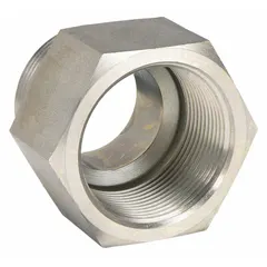 This threaded pipe fitting is a straight connector with male and female NPT threads, designed for high-pressure fluid systems up to 2,500 psi. Constructed from carbon steel, it is suitable for connecting pipes in hydraulic, pneumatic, and other industrial fluid handling applications.