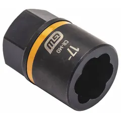 3/8" drive bolt extraction impact socket with 17 mm socket size and 7-point standard design. Black oxide finish. Not tether capable. Used for removing damaged, rounded, or seized bolts in automotive and industrial applications.
