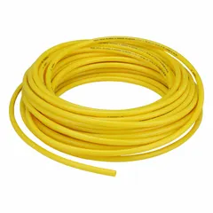 Yellow polyurethane tubing with 5/16 in ID, 1/2 in OD, 100 ft length. Shore A 90 to 95 hardness, rated to 170 psi at 73°F. Suitable for pneumatic systems, fluid transfer, and instrumentation lines in industrial automation and robotics.