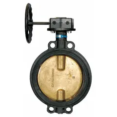 This 8-inch concentric wafer butterfly valve features a ductile iron body and CF8M stainless steel disc. Rated for 250 psi CWP, it includes a gear-operated handwheel and FKM seals. Suitable for on-off or throttling service in industrial piping systems handling water, air, or compatible fluids.