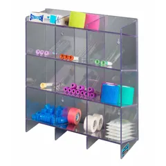 This clear PETG benchtop organizer stores and organizes miscellaneous phlebotomy supplies. It measures 16 inches in height and 14 1/2 inches in length, providing accessible storage for clinical lab or blood draw station use.