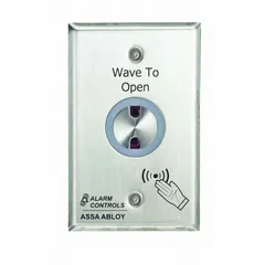 The ALARM CONTROLS NTS-1 is a wave-to-open exit motion sensor designed for hands-free egress through exit devices. It detects motion to enable touch-free door operation, commonly used in commercial and industrial facilities to meet accessibility requirements. The sensor measures 4 1/4 in height by 3 3/4 in width.