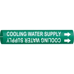 Green pipe marker with white legend reading 'Cooling Water Supply', designed for pipes with outer diameters from 2-1/2 to 3-7/8 inches. Includes directional arrows for flow indication. Used to identify cooling water supply lines in industrial piping systems.