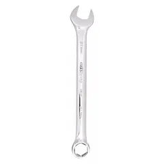 This combination wrench features a 21 mm 6-point box end and open end, with a chrome finish over alloy steel. The offset design improves access to recessed fasteners. Overall length is 10 5/8 inches. Suitable for tightening or loosening metric hex nuts and bolts in automotive, machinery, and industrial applications.
