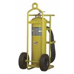 Wheeled Class ABC fire extinguisher with 150 lb Halotron agent. Rated 10A:120B:C for use on Class A, B, and C fires. Suitable for industrial facilities, warehouses, and outdoor sites where mobility and high-capacity fire suppression are required.