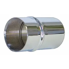 This chrome-finished metal trim covers the valve opening on tub and shower fixtures. It is designed for use with compatible systems and provides a clean, polished appearance without handles.
