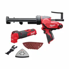 This combination kit includes two M12™ 12V DC cordless tools: a caulk gun (2441-20) and an oscillating tool (2526-20), supplied as tool only. The caulk gun enables precise adhesive application, while the oscillating tool handles cutting, sanding, and scraping in confined spaces. Both tools operate on the M12™ battery platform (battery and charger sold separately).