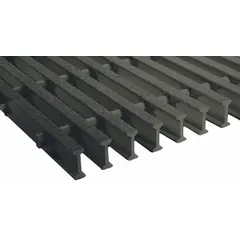 This pultruded fiberglass grating is designed for structural support in corrosive environments where steel would degrade. The Vi-Corr model provides acid resistance for industrial flooring applications such as chemical plants, refineries, and wastewater facilities. Nominal size is 4 ft x 8 ft (WxL).