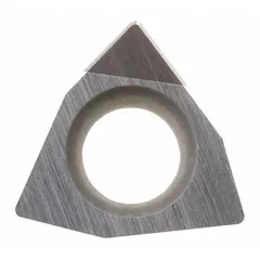 Trigon-shaped indexable turning insert for precision turning, facing, and profiling on CNC lathes. The trigon geometry provides strong cutting edges and economical carbide usage. Suitable for general machining of steel, stainless steel, and cast iron in industrial manufacturing.