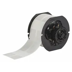 Vinyl, white (matte) precut label roll measuring 3 1/8 in x 1 in. Designed for permanent identification of wires and cables from 8 AWG to 4 AWG. Compatible with BBP33 printer series; requires B30-R4300 ribbon. Used for wrapping around wires and cables in industrial facility identification.