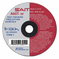 General purpose cut-off wheel for cutting carbon and stainless steel. Type 1 wheel with dimensions 2" x 0.035" x 1/4", aluminum oxide abrasive, 60 grit, A60T series. Suitable for metal fabrication and maintenance applications