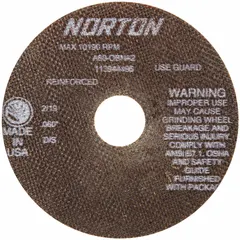 This NORTON Type 1 reinforced cut-off wheel measures 6 inches in diameter, 0.06 inches thick, with a 1 1/4 inch arbor hole. It features an A60-OBNA2 abrasive specification and a wheel hardness of O. Designed for precision cutting of ferrous metals in toolroom and fabrication applications, its thin profile minimizes kerf loss and heat buildup.