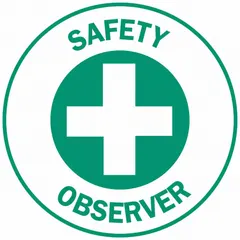 2-inch diameter non-reflective circle label identifying a worker as Safety Observer. Printed in English. Supplied in a standard pack of 4 labels. Suitable for placement on hard hats to indicate safety observation roles on job sites.
