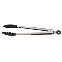 These 12-inch black locking tongs from CRESTWARE are NSF Certified for use in commercial foodservice environments. The scalloped silicone blade provides a secure grip on hot or delicate items while protecting cookware surfaces. The locking mechanism allows for compact storage when not in use