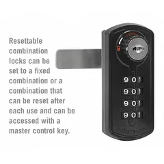This built-in combination locker lock is designed for right-hand doors and features a manual scrolling combo mechanism. It has a 1-inch latch bolt projection and is finished in black. Suitable for securing lockers in schools, gyms, and industrial facilities.