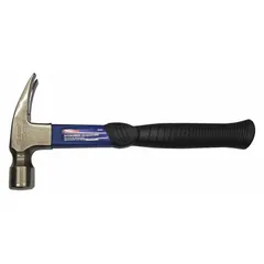 Steel straight-claw hammer with a 20 oz head and 13 in overall length. Fiberglass handle with textured grip. Used for driving and pulling nails in construction, framing, and general maintenance tasks.
