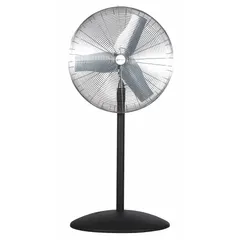 This AIRMASTER FAN pedestal fan is designed for industrial air circulation, featuring a 24-inch blade diameter and a 1/3 hp motor. It operates on single-phase 115V AC power with three selectable speeds. The non-oscillating design directs airflow in a fixed position, suitable for cooling personnel, equipment, or processes in factories, warehouses, and workshops.