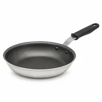 This 10-inch non-stick fry pan is made of aluminum with a black/silver body and a riveted black silicone handle. It is NSF certified for use in commercial kitchens. Suitable for cooking eggs, pancakes, and sautéed items requiring easy food release and even heat distribution