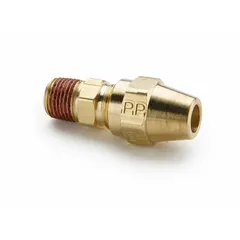 Brass compression fitting with Compression x MNPT configuration. Connects 3/8 in OD copper tube to 1/2 in male NPT threads. Used in air brake systems for commercial vehicles.