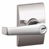 SCHLAGE office lever lockset with F81 function, allowing key locking from outside and free egress inside. Bright Chromium-Plated brass construction in Elan lever style. Suitable for interior commercial doors such as offices, storage rooms, or utility areas where privacy locking is not required