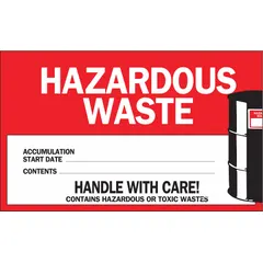 Paper label, 6 in x 4 in, white background with message 'Handle With Care!' and 'Contains Hazardous or Toxic Wastes'. Used for marking packages containing hazardous or toxic wastes to comply with DOT shipping regulations. Supplied in a 100-pack.