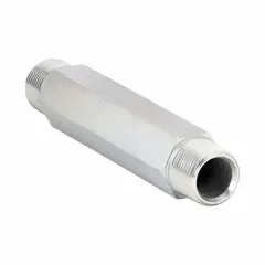 Steel straight pipe fitting with 1/4 in male NPT threaded connections on both ends. Rated for maximum operating pressure of 6,000 psi. Used to connect two male NPT threaded pipes in a straight line for high-pressure hydraulic systems.