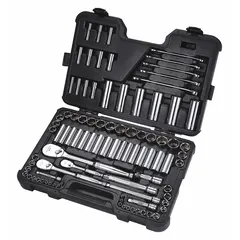 This 91-piece socket set includes 1/4 in, 3/8 in, and 1/2 in drive tools with deep sockets and combination wrenches. Covers SAE and Metric sizes from 1/2 in to 1 in. Suitable for automotive repair, machinery maintenance, and general assembly tasks.