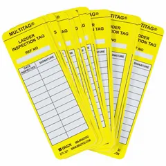 Rectangular polyester tag measuring 2 in wide by 6 1/2 in high. Black/white/yellow coloring with English text. Used for documenting and tracking ladder safety inspections in industrial facilities.