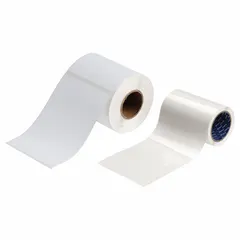 This vinyl label and laminating kit provides white, permanent adhesive labels for industrial identification. The 6 1/8 inch height accommodates various labeling needs on equipment, pipes, and panels. Suitable for environments requiring durable, long-lasting labels.