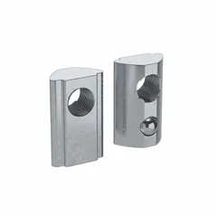 Steel roll-in T-nut with zinc-plated finish, designed for 8 mm T-slot widths. Single offset M5 threaded hole. Compatible with Fath 15 Series and 40 Series framing systems. Sold in pack of 4. Used for securing components in structural framing applications such as machine guards and workstations.