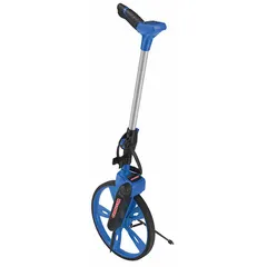 This measuring wheel features a spoked single wheel with polyurethane tread and a foldable aluminum frame. It has a plastic pistol-grip fixed handle and a digital display with Metric/SAE units, powered by a 9V battery (included). Suitable for outdoor distance measurement tasks such as surveying, construction layout, and land assessment.