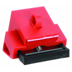 Clamp-on lockout device for 480/600V AC oversized circuit breakers and breaker switches. Secures breaker handles in the off position during maintenance. Does not include a cable tie slot.