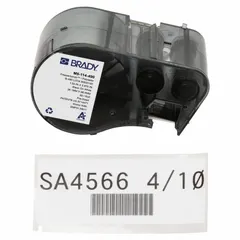 Thermal transfer precut label roll cartridge for 50.0 mL vials or tubes. Rectangle labels measure 3 3/4 in x 1 1/2 in, black on white, with a temperature range of -320°F to 266°F. Compatible with M510 printer series. Used for laboratory, pharmaceutical, and cryogenic identification applications.