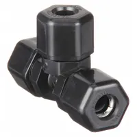 This polypropylene compression tee fitting creates a leak-proof branch connection in tubing systems. It is FDA approved for food-grade and sanitary fluid handling applications. The fitting accommodates 5/16 in OD tubing on all three ports