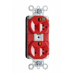 Duplex general purpose receptacle rated 125V AC, 15 A, NEMA 5-20R configuration (2 pole, 3 wire). Red housing indicates connection to emergency or critical power circuits. Suitable for use in healthcare facilities and other settings requiring reliable power delivery.