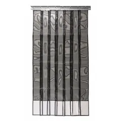 Mesh strip door for 8 ft opening height, 8 in wide yellow strips with 50% overlap. PVC-coated polyester construction with steel hardware, press-on mounting. Creates a flexible barrier to block flying insects while allowing passage of personnel and equipment.