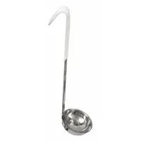 Stainless steel ladle with a white, unfinished finish. Features a 3-inch bowl diameter and 13-inch overall length. Used for portioning and serving liquids or semi-liquids such as soups, sauces, and gravies in commercial kitchens and food service settings