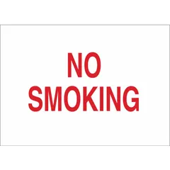Polyester label with adhesive backing for permanent mounting. Nominal size 3 1/2 in x 5 in. Not retroreflective, not glow-in-the-dark, and without anti-slip surface. Suitable for marking no-smoking areas in workplaces, public buildings, and industrial settings.