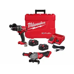 This M18 FUEL combo kit includes an angle grinder and a drill/driver, both operating at 18 V DC. The drill/driver delivers up to 1,200 in-lbs of torque. Suitable for cutting, grinding, drilling, and driving in metalworking, construction, and maintenance tasks.