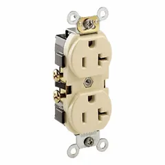 General-purpose duplex receptacle rated 125V AC and 20A with a NEMA 5-20 configuration. Ivory finish. 2-pole/3-wire grounding design for use in standard electrical installations in commercial and residential buildings.