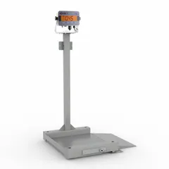 This B-TEK drum scale features a 24 in x 24 in stainless steel platform with a 2500 lb capacity and 0.5 lb readability. Weighing units are in kg, and the scale includes an RS-237 connection port. Suitable for weighing drums and industrial containers in warehouses and manufacturing facilities.