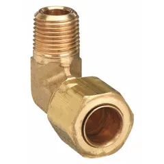 Brass compression fitting with self-aligning design for tube-to-pipe connections. Features 3/8 in OD tube size and 1/4 in male NPT thread. Suitable for pneumatic, hydraulic, and instrumentation systems requiring leak-free performance. Supplied in a 25-pack.