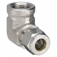 This PARKER double-ferrule stainless steel elbow connects 1/2 in OD tubing to a 1/2 in female NPT port. The compression x FNPT configuration is used in instrumentation and process lines for leak-free fluid handling.