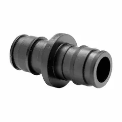 Polymer expansion barbed tube fitting coupling with barbed x barbed connection. Connects PEX tubing of 1 1/2 in inner diameter to 1 in inner diameter using the expansion PEX connection method. Suitable for use in hydronic heating, plumbing, and radiant systems.