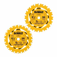 This set includes two carbide-tipped circular saw blades with 18 and 24 teeth, designed for framing applications in wood. Each blade has a 0.07 in cut width and a 5/8 in arbor, suitable for ripping and crosscutting dimensional lumber and plywood.