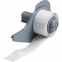 Polyimide, white gloss label roll. Size: 21/32 in x 13/64 in. Compatible with BMP71 printer series. Used for industrial identification of equipment, components, and wiring